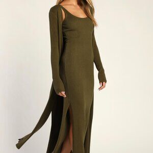Lulu's- Ribbed Knit Two-piece Dress and Cardigan Set - Olive - S